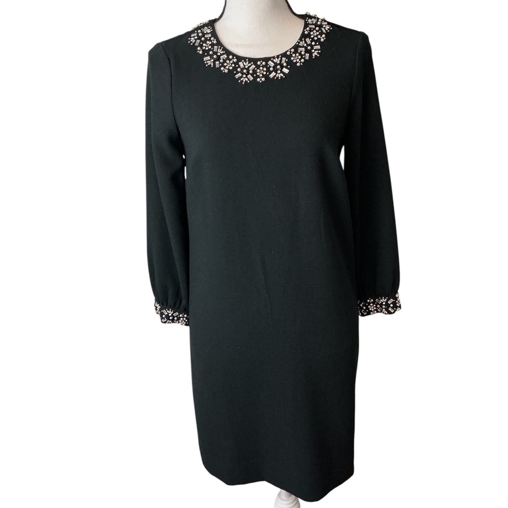 J.Crew Black Embellished Crystal Pearl Neck Shift Dress Long Sleeve Womens 0 - Picture 2 of 10